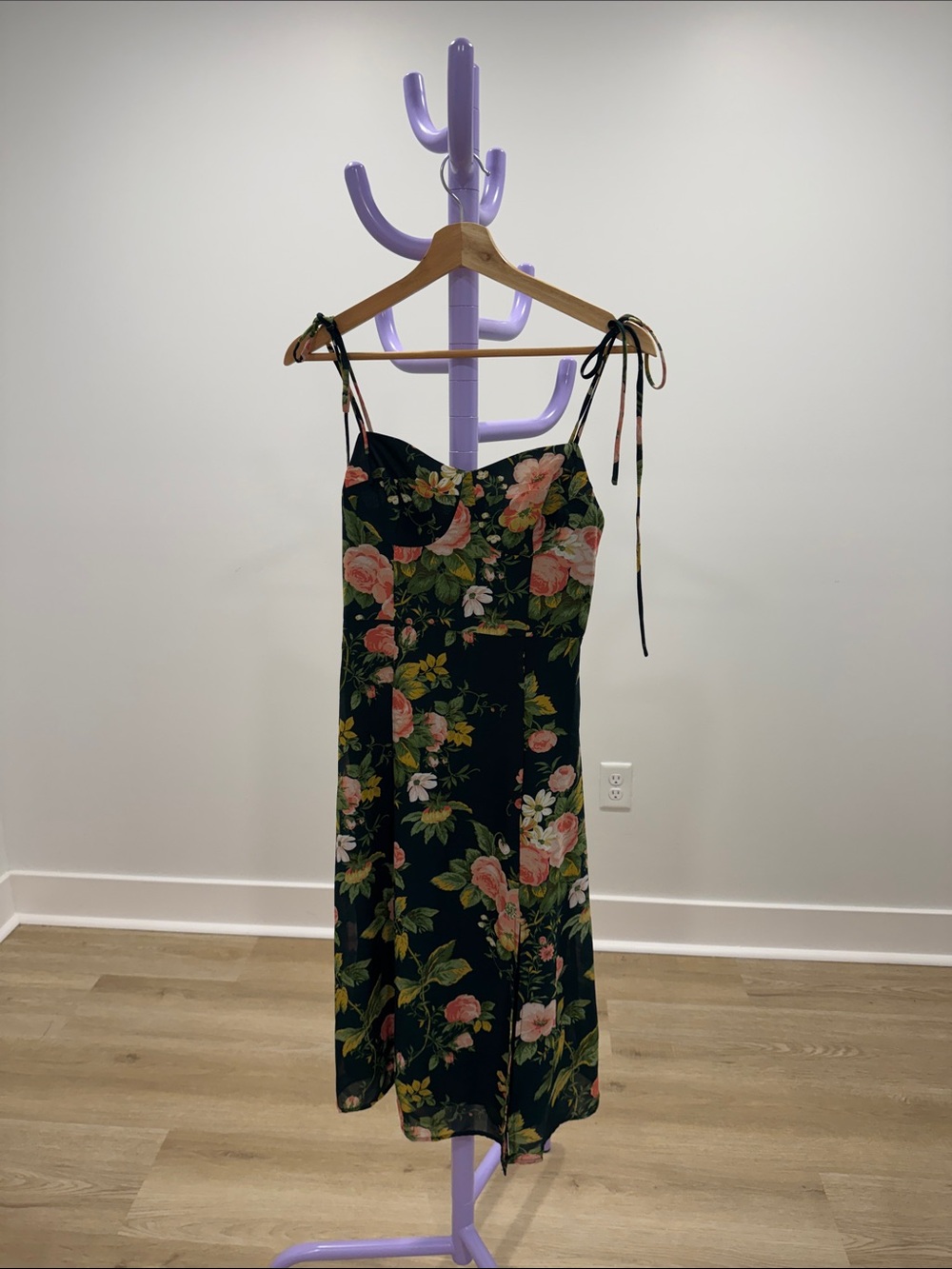 Floral Tie-Shoulder Midi Dress in Black with Pink Roses